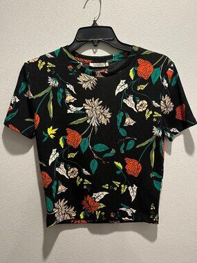 NWT ZARA Floral Print Ribbed Crop Top Black, Size M
